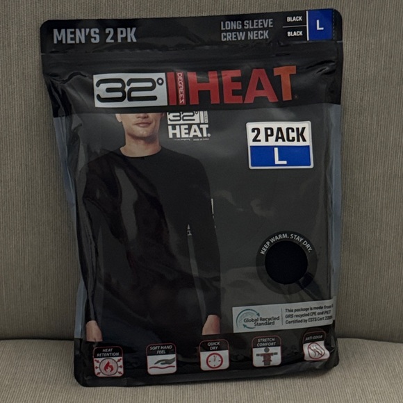 32 Degrees Heat Black Long Sleeve Crew Neck 2 Pack - Picture 1 of 4